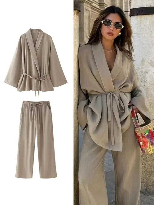Linen Cotton Lace Up Shirt Pant Suit Long Sleeve Belt V-neck Top Set-Wear To Work Sets-Arimonz-Arimonz