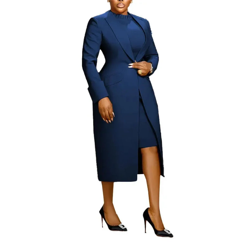 Long Sleeve Coat Blazer And Slim Dress Elegant Office Lady Dress Set-Wear To Work Sets-Arimonz-Blue-S-Arimonz