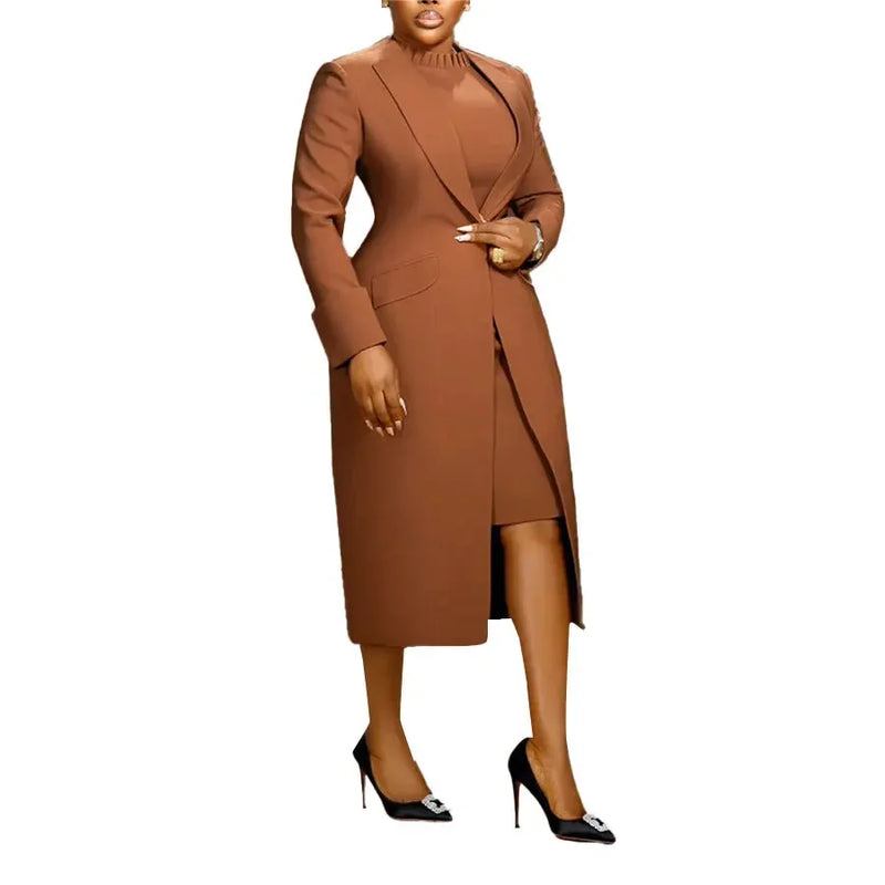 Long Sleeve Coat Blazer And Slim Dress Elegant Office Lady Dress Set-Wear To Work Sets-Arimonz-Brown-S-Arimonz