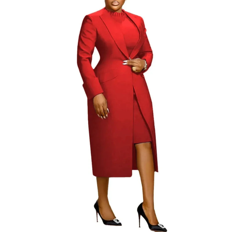 Long Sleeve Coat Blazer And Slim Dress Elegant Office Lady Dress Set-Wear To Work Sets-Arimonz-Red-S-Arimonz