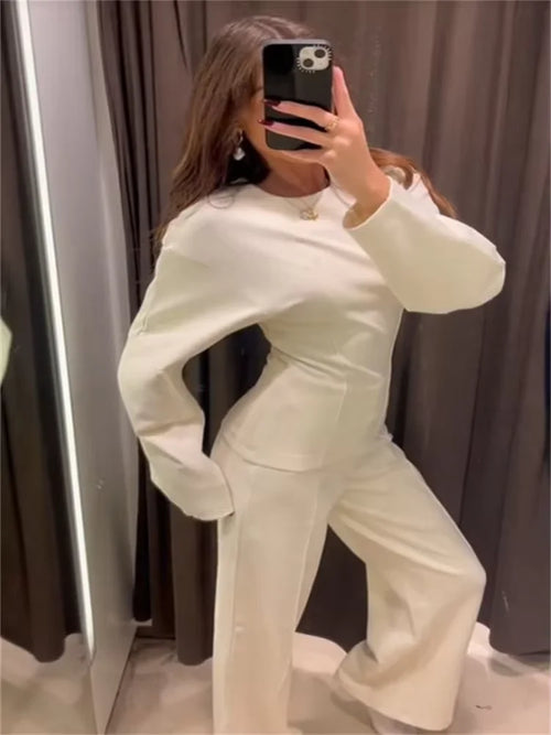 Long Sleeve Crop Top and High Waist Wide Leg Trousers Two Piece Set-Wear To Work Sets-Arimonz-Arimonz