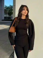 Long Sleeve Crop Top and High Waist Wide Leg Trousers Two Piece Set-Wear To Work Sets-Arimonz-Arimonz