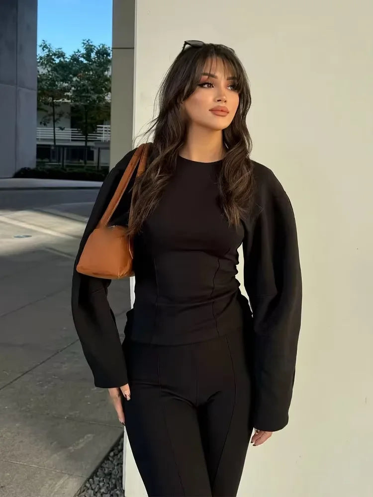 Long Sleeve Crop Top and High Waist Wide Leg Trousers Two Piece Set-Wear To Work Sets-Arimonz-Arimonz