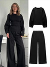 Long Sleeve Crop Top and High Waist Wide Leg Trousers Two Piece Set-Wear To Work Sets-Arimonz-Arimonz