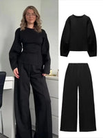 Long Sleeve Crop Top and High Waist Wide Leg Trousers Two Piece Set-Wear To Work Sets-Arimonz-Arimonz