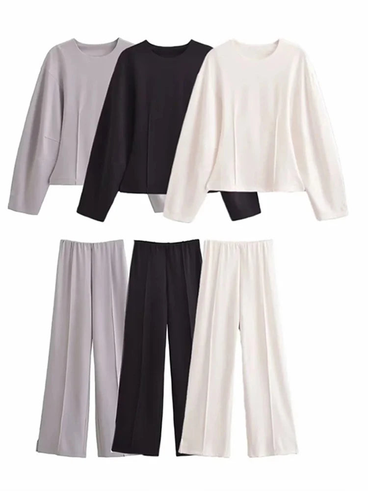 Long Sleeve Crop Top and High Waist Wide Leg Trousers Two Piece Set-Wear To Work Sets-Arimonz-Arimonz