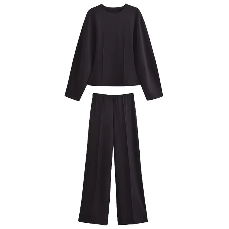 Long Sleeve Crop Top and High Waist Wide Leg Trousers Two Piece Set-Wear To Work Sets-Arimonz-Black Sets-S-Arimonz