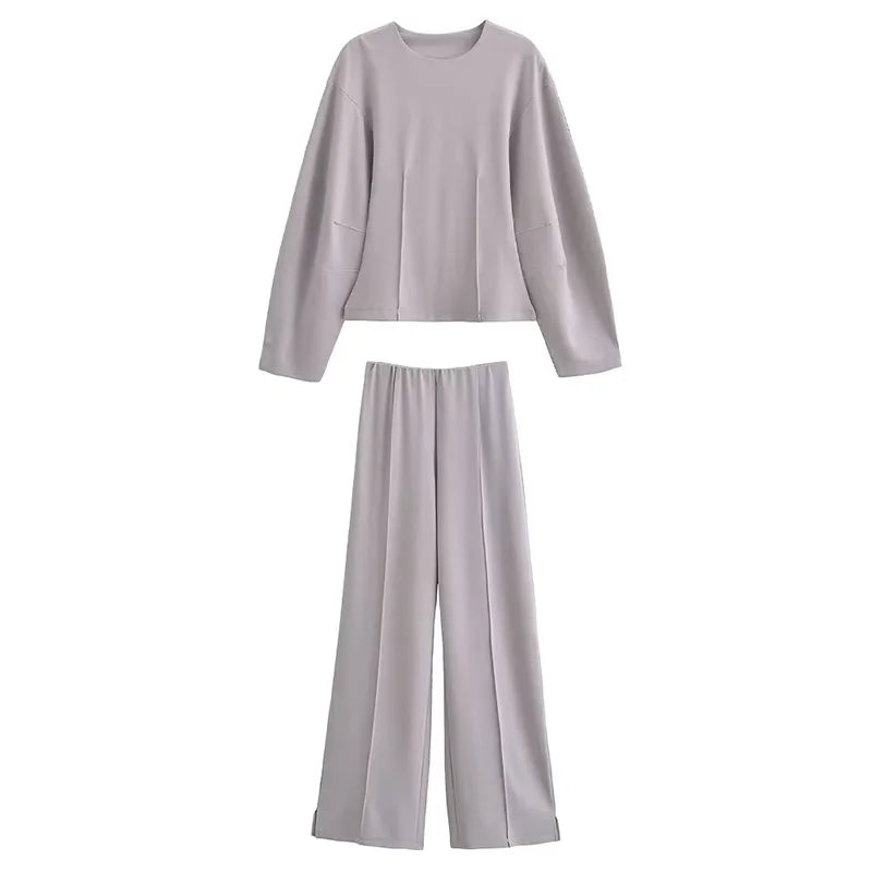 Long Sleeve Crop Top and High Waist Wide Leg Trousers Two Piece Set-Wear To Work Sets-Arimonz-Grey Sets-S-Arimonz
