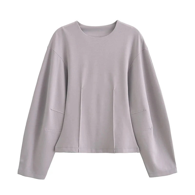 Long Sleeve Crop Top and High Waist Wide Leg Trousers Two Piece Set-Wear To Work Sets-Arimonz-Grey top-S-Arimonz