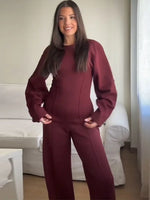 Long Sleeve Crop Top and High Waist Wide Leg Trousers Two Piece Set-Wear To Work Sets-Arimonz-Red Sets-S-Arimonz