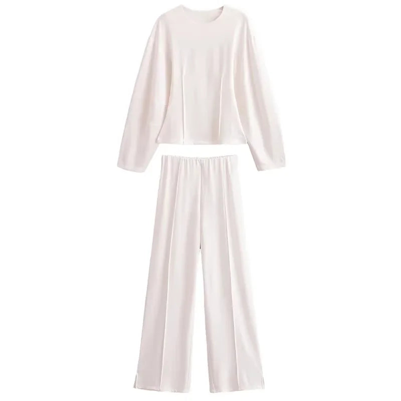 Long Sleeve Crop Top and High Waist Wide Leg Trousers Two Piece Set-Wear To Work Sets-Arimonz-White Sets-S-Arimonz