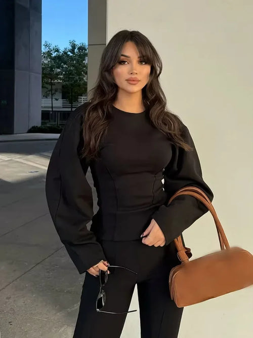 Long Sleeve Crop Top and High Waist Wide Leg Trousers Two Piece Set-Wear To Work Sets-Arimonz-Arimonz