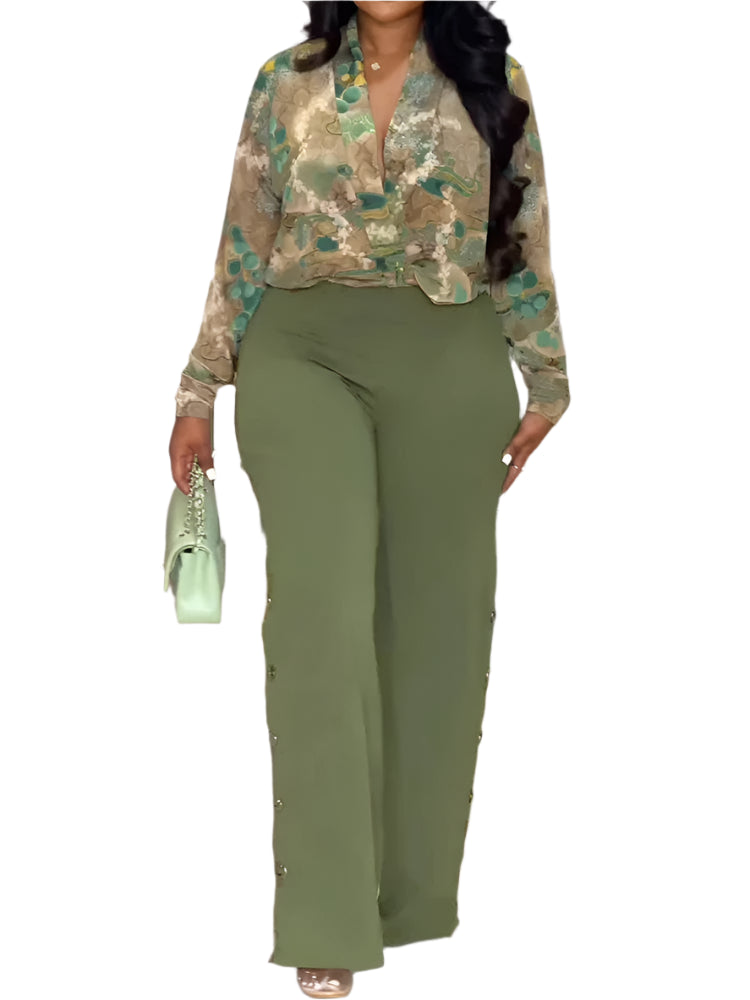 Long Sleeve Print Shirt and Wide Leg Pant Streetwear Two Piece Set-Wear To Work Sets-Arimonz-Arimonz
