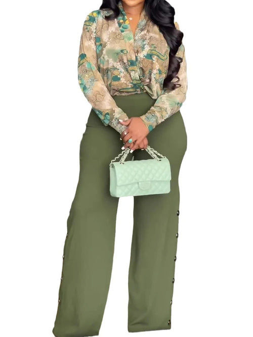 Long Sleeve Print Shirt and Wide Leg Pant Streetwear Two Piece Set-Wear To Work Sets-Arimonz-green sets-S-Arimonz