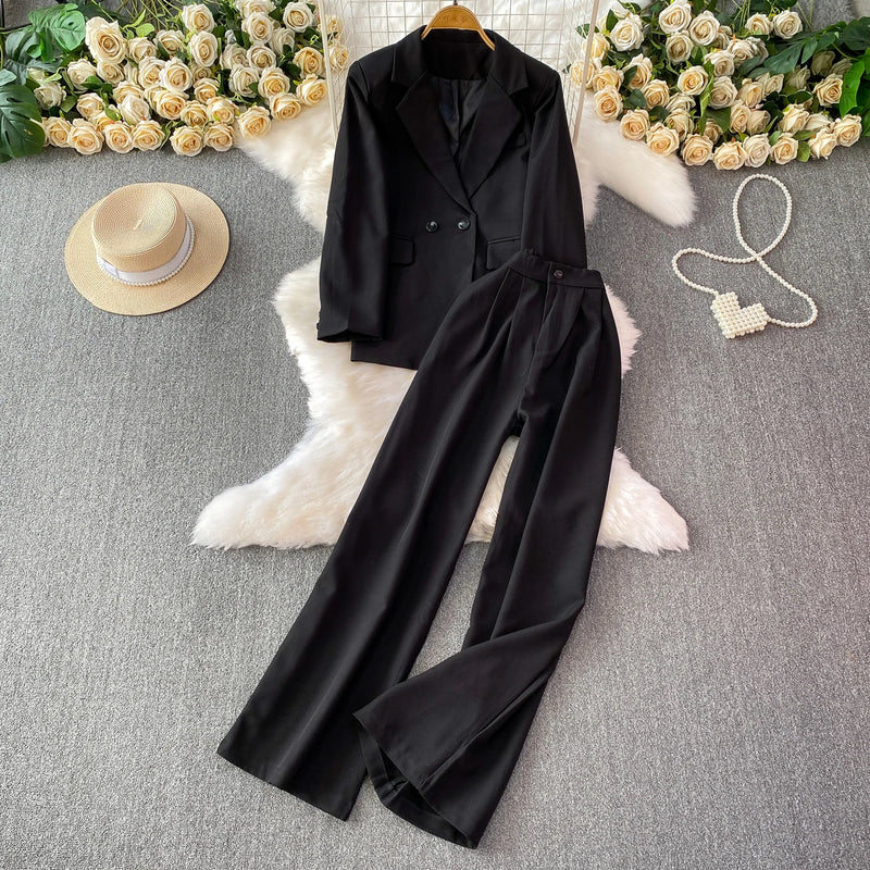 Long Sleeved Blazer Wide Leg Pants Two Pcs Set Fashion Commuter Suit-Wear To Work Sets-Arimonz-Black-One Size-Arimonz