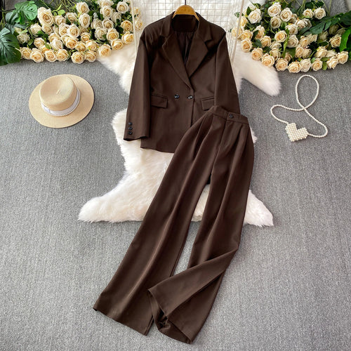 Long Sleeved Blazer Wide Leg Pants Two Pcs Set Fashion Commuter Suit-Wear To Work Sets-Arimonz-Coffee-One Size-Arimonz