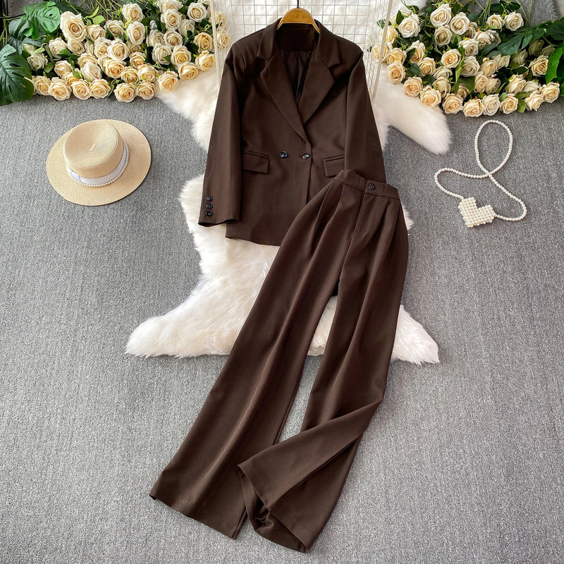 Long Sleeved Blazer Wide Leg Pants Two Pcs Set Fashion Commuter Suit-Wear To Work Sets-Arimonz-Coffee-One Size-Arimonz