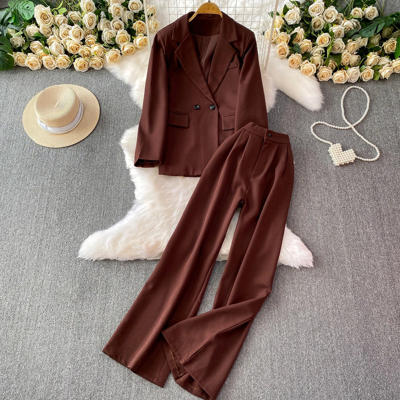 Long Sleeved Blazer Wide Leg Pants Two Pcs Set Fashion Commuter Suit-Wear To Work Sets-Arimonz-Deep brown-One Size-Arimonz