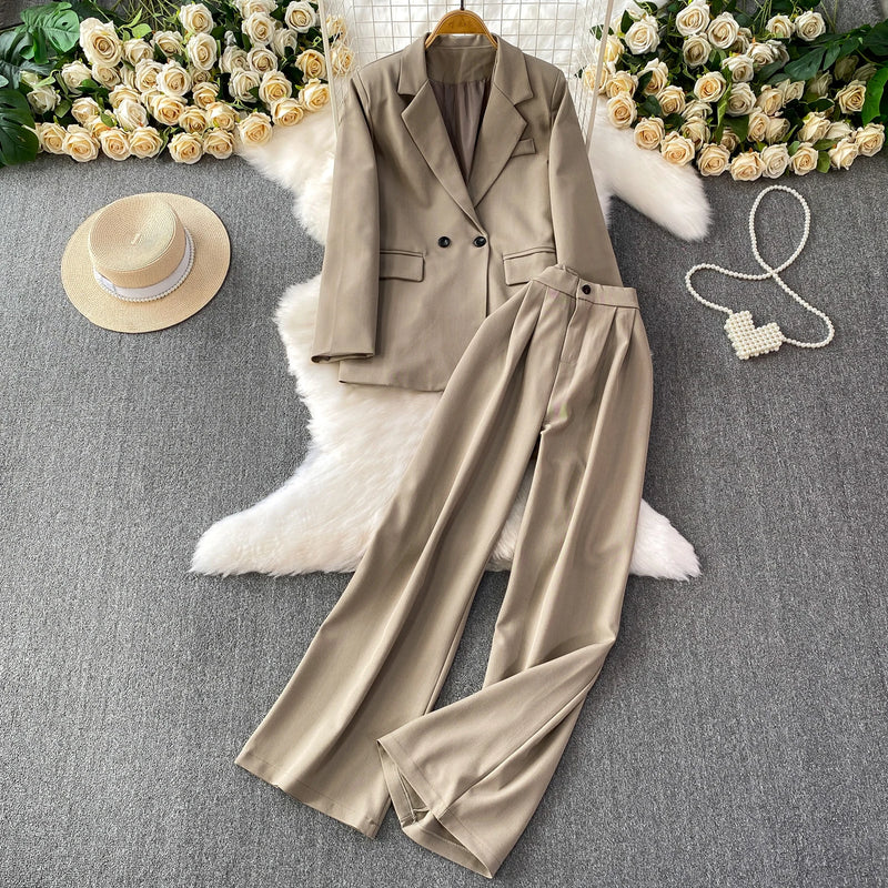 Long Sleeved Blazer Wide Leg Pants Two Pcs Set Fashion Commuter Suit-Wear To Work Sets-Arimonz-Light Brown-One Size-Arimonz