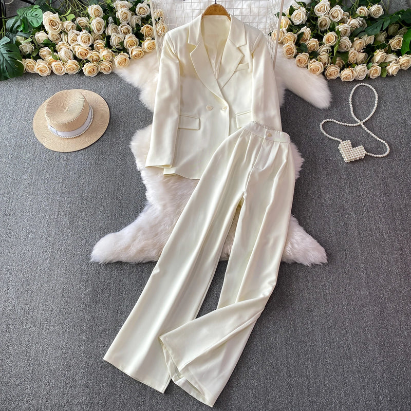 Long Sleeved Blazer Wide Leg Pants Two Pcs Set Fashion Commuter Suit-Wear To Work Sets-Arimonz-White-One Size-Arimonz