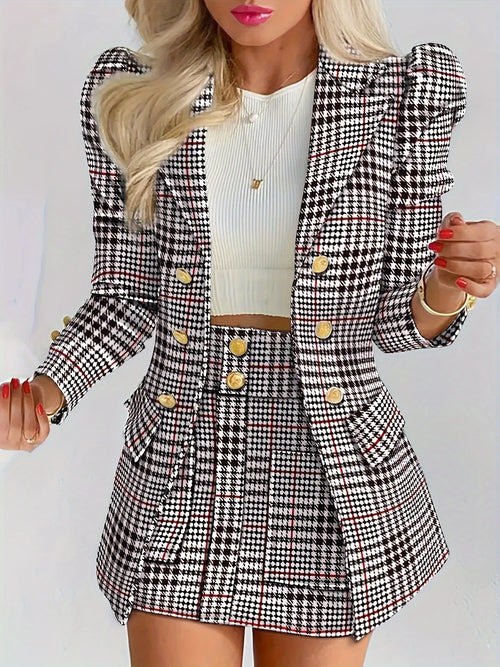 Long Sleeved Flip Top Double Breasted Suit and Skirt Casual Suit Set-Wear To Work Sets-Arimonz-Black-S-Arimonz