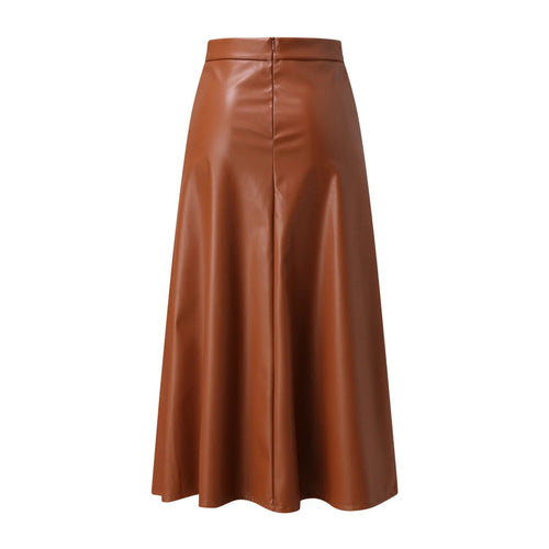 Long Solid Elegant Office High Waist Zipper Pleated Leather Midi Skirt-Skirts-Arimonz-Arimonz