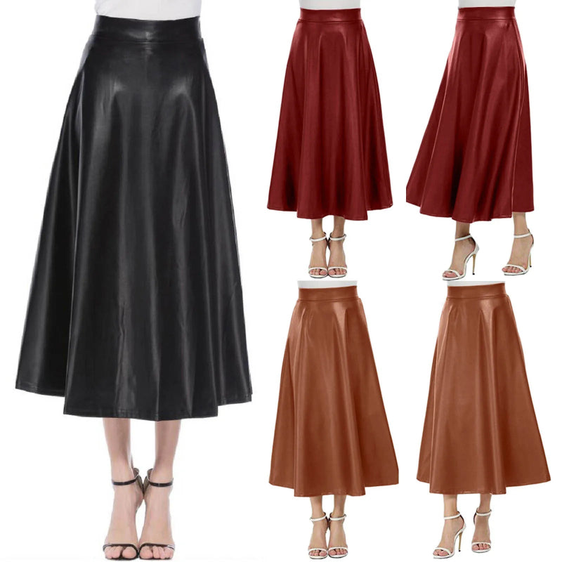 Long Solid Elegant Office High Waist Zipper Pleated Leather Midi Skirt-Skirts-Arimonz-Arimonz