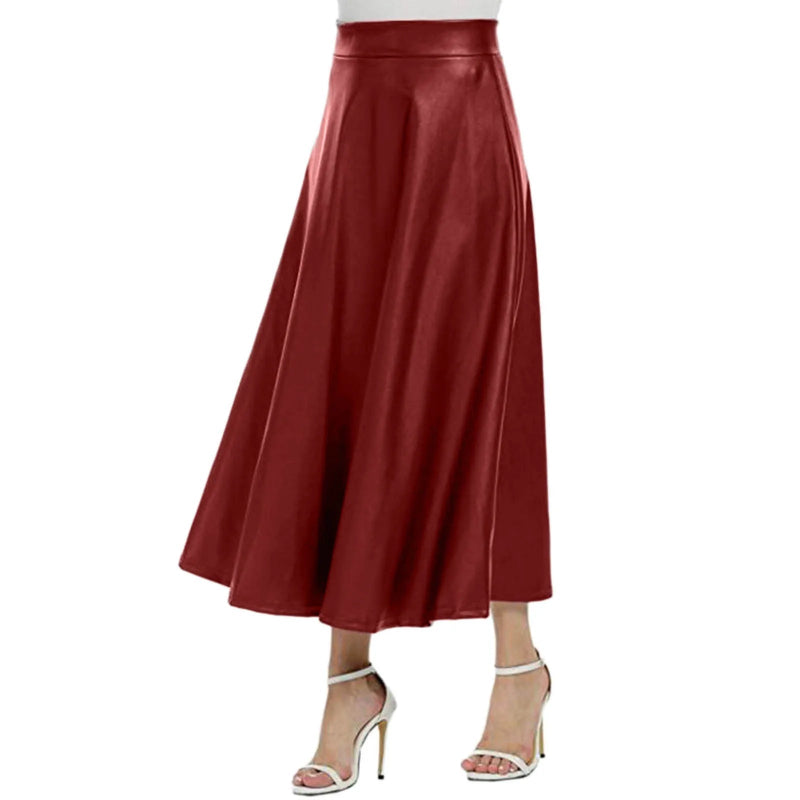 Long Solid Elegant Office High Waist Zipper Pleated Leather Midi Skirt-Skirts-Arimonz-Arimonz
