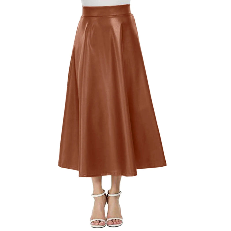 Long Solid Elegant Office High Waist Zipper Pleated Leather Midi Skirt-Skirts-Arimonz-Khaki-S-Arimonz