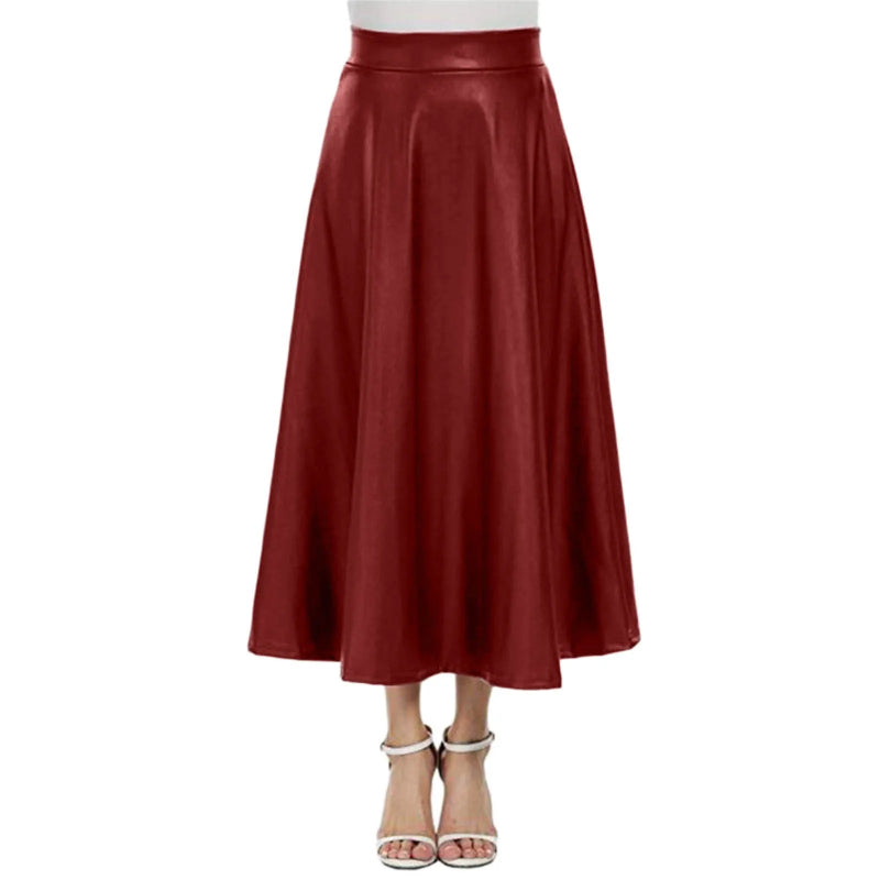 Long Solid Elegant Office High Waist Zipper Pleated Leather Midi Skirt-Skirts-Arimonz-Red-S-Arimonz