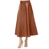Long Solid Elegant Office High Waist Zipper Pleated Leather Midi Skirt-Skirts-Arimonz-Arimonz