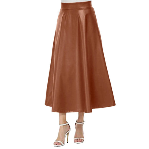Long Solid Elegant Office High Waist Zipper Pleated Leather Midi Skirt-Skirts-Arimonz-Arimonz