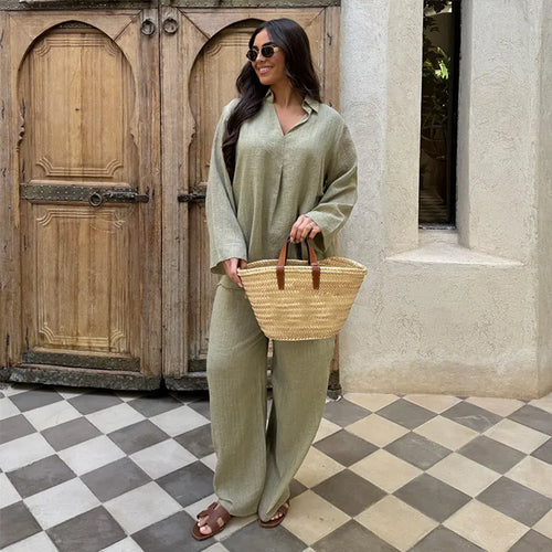 Loose V Neck Top Shirt and Wide Leg Pants Oversize Two Piece Set-Wear To Work Sets-Arimonz-Grass green-S-Arimonz