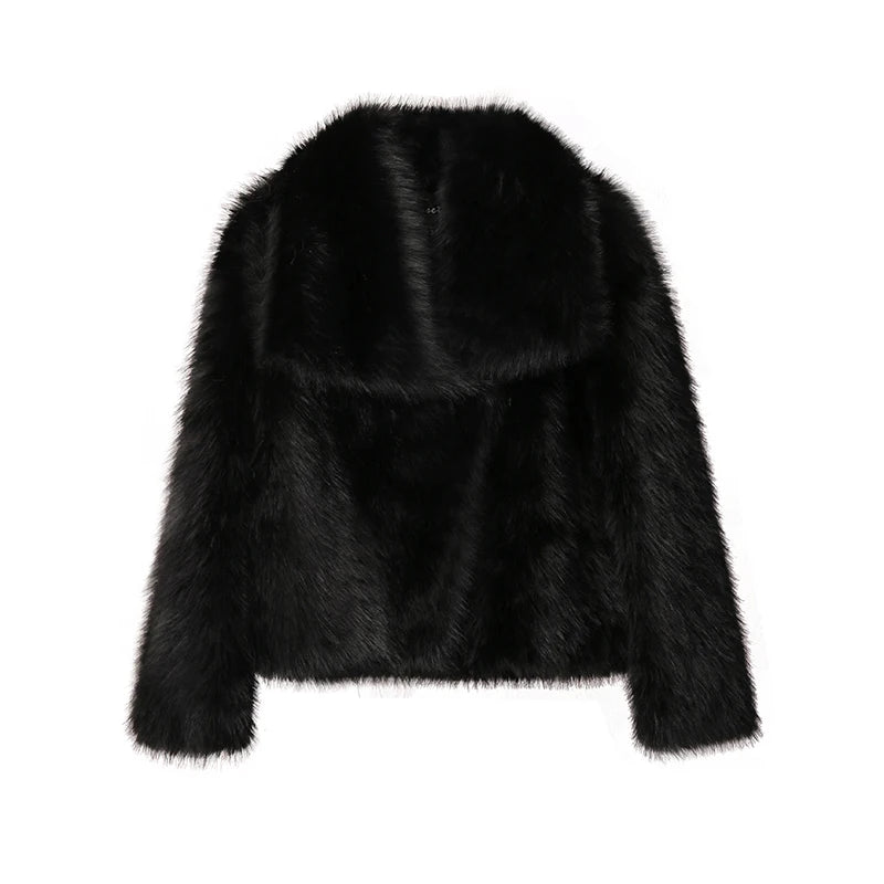 Luxury Chic Faux Fox Fur Winter Coat with Big Collar Fashion Jacket-Fuzzy Jackets-Arimonz-black fur coat-S-Arimonz