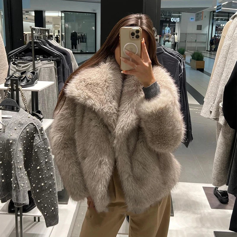Luxury Gradient Faux Fur Overcoat with Big Fur Collar Fluffy Jacket-Fuzzy Jackets-Arimonz-Arimonz