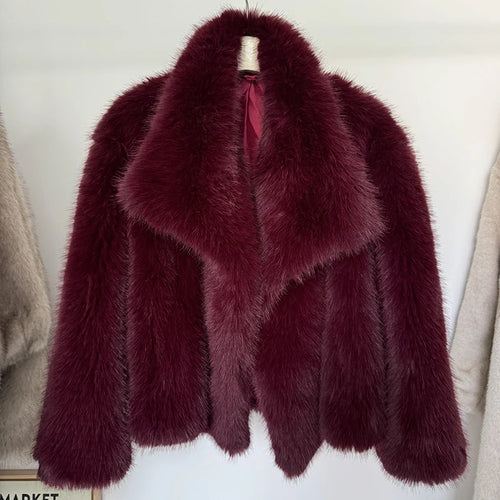 Luxury Gradient Faux Fur Overcoat with Big Fur Collar Fluffy Jacket-Fuzzy Jackets-Arimonz-Solid burgundy coat-S-Arimonz