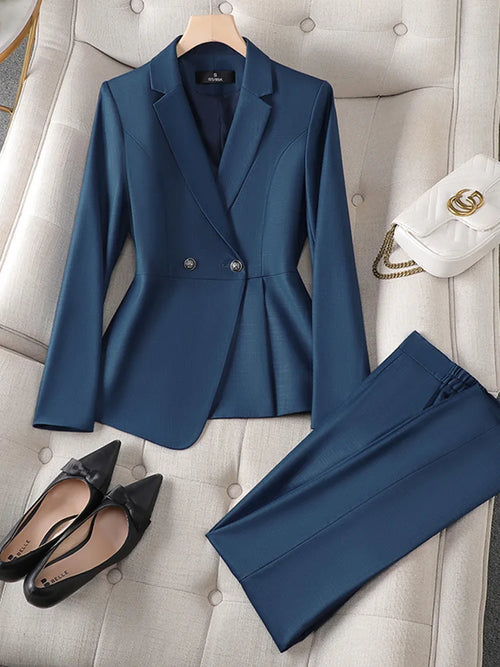 Luxury Ladies Blazer Jacket and Pants Fashion Career Formal Attire-Wear To Work Sets-Arimonz-Blazer and Pants Sets-hazeblue-S-Arimonz