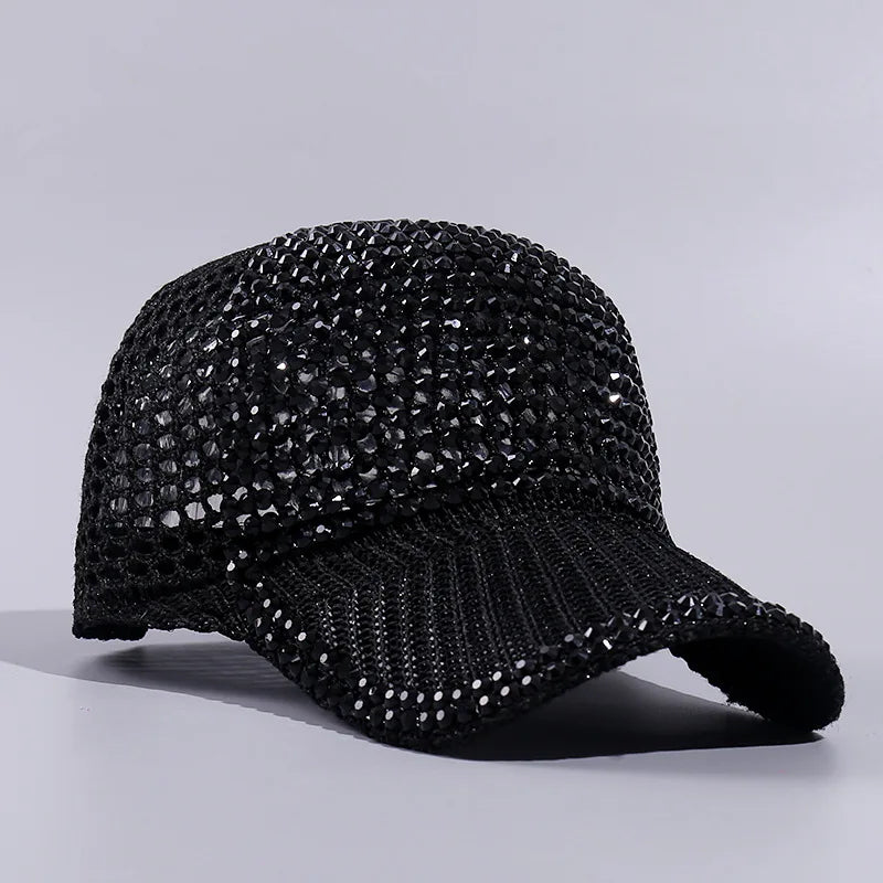 Mesh Rhinestone Breathable Baseball Outdoor Sports Travel Peaked Cap-Women's Caps-Arimonz-black-Adjustable 21-23in-Arimonz