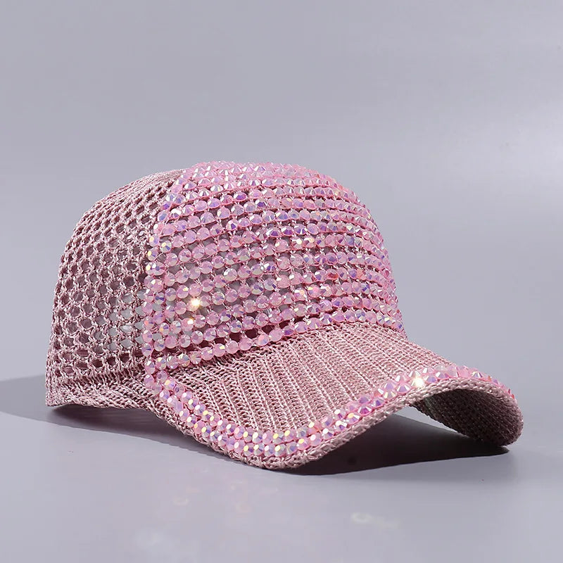 Mesh Rhinestone Breathable Baseball Outdoor Sports Travel Peaked Cap-Women's Caps-Arimonz-Pink-Adjustable 21-23in-Arimonz