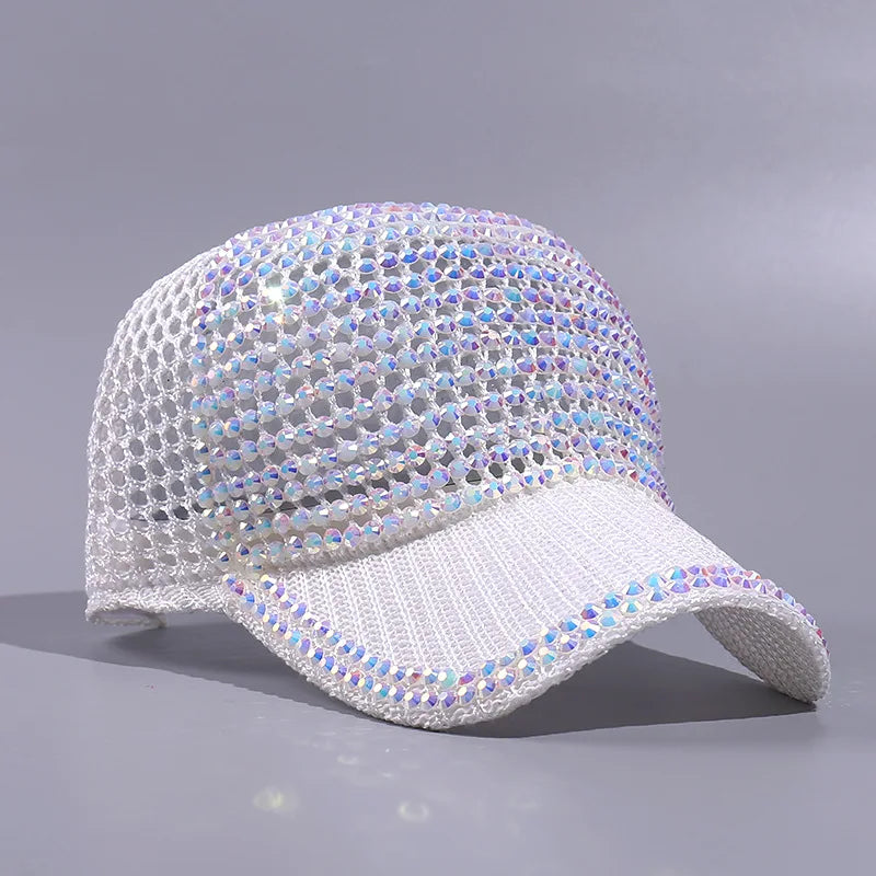 Mesh Rhinestone Breathable Baseball Outdoor Sports Travel Peaked Cap-Women's Caps-Arimonz-White-Adjustable 21-23in-Arimonz