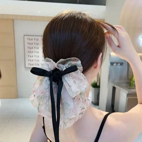 Mesh Ribbon Claw Bow Back Head Hairpin Horsetail Clip Hair Accessories-Hair Accessories-Arimonz-Arimonz