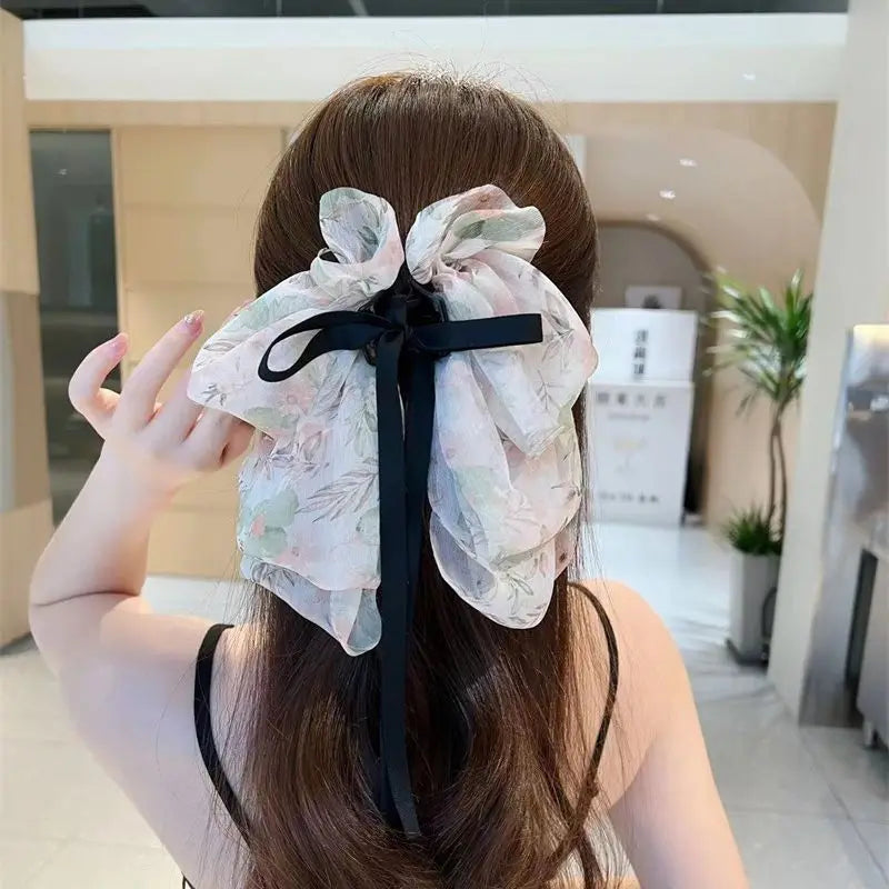 Mesh Ribbon Claw Bow Back Head Hairpin Horsetail Clip Hair Accessories-Hair Accessories-Arimonz-Arimonz