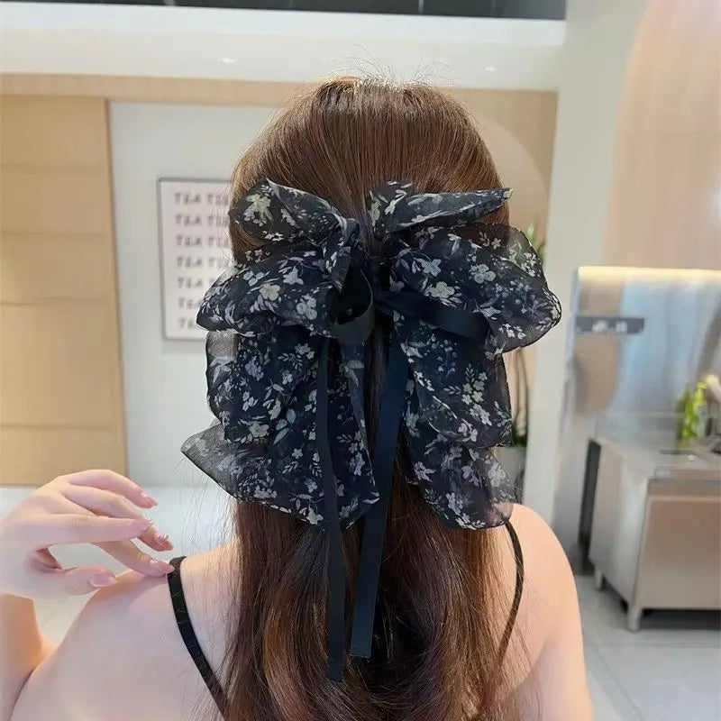 Mesh Ribbon Claw Bow Back Head Hairpin Horsetail Clip Hair Accessories-Hair Accessories-Arimonz-Arimonz