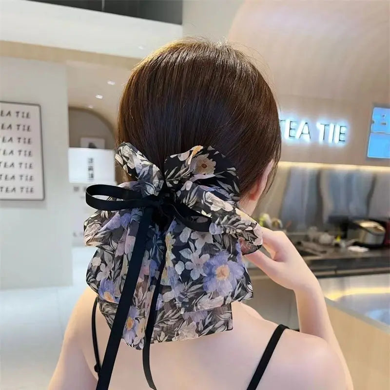 Mesh Ribbon Claw Bow Back Head Hairpin Horsetail Clip Hair Accessories-Hair Accessories-Arimonz-Arimonz