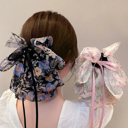 Mesh Ribbon Claw Bow Back Head Hairpin Horsetail Clip Hair Accessories-Hair Accessories-Arimonz-Arimonz