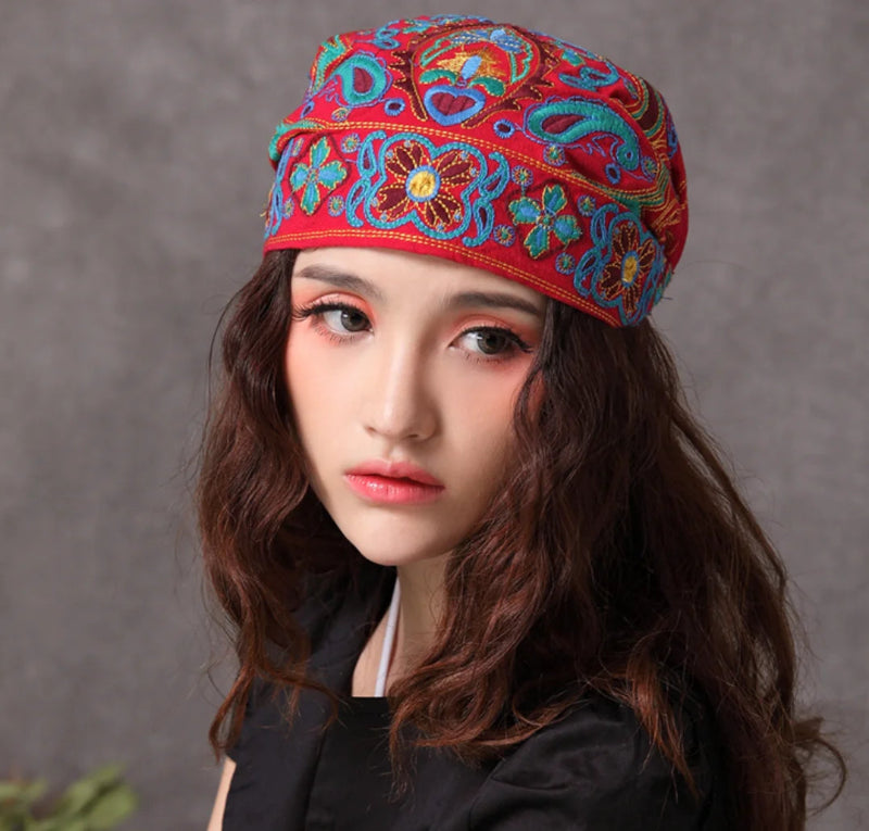 Mexican Style Ethnic Vintage Embroidery Flowers Hat Women Beanies Hat-Women's Caps-Arimonz-Red-Arimonz