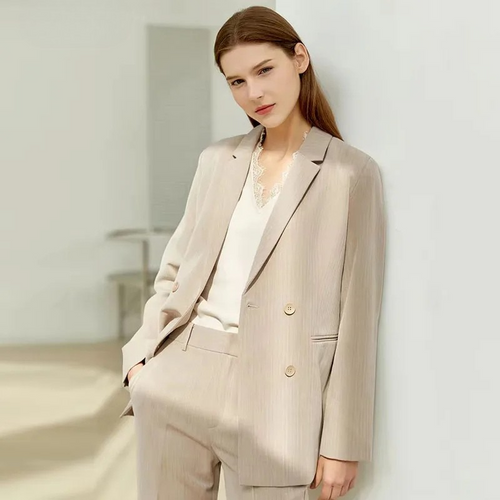 Minimalism Polyester Cotton Lady Blazer Jacket High Waist Pants Outfit-Wear To Work Sets-Arimonz-Khaki jacket-XS-Arimonz