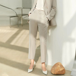 Minimalism Polyester Cotton Lady Blazer Jacket High Waist Pants Outfit-Wear To Work Sets-Arimonz-Khaki pants-XS-Arimonz