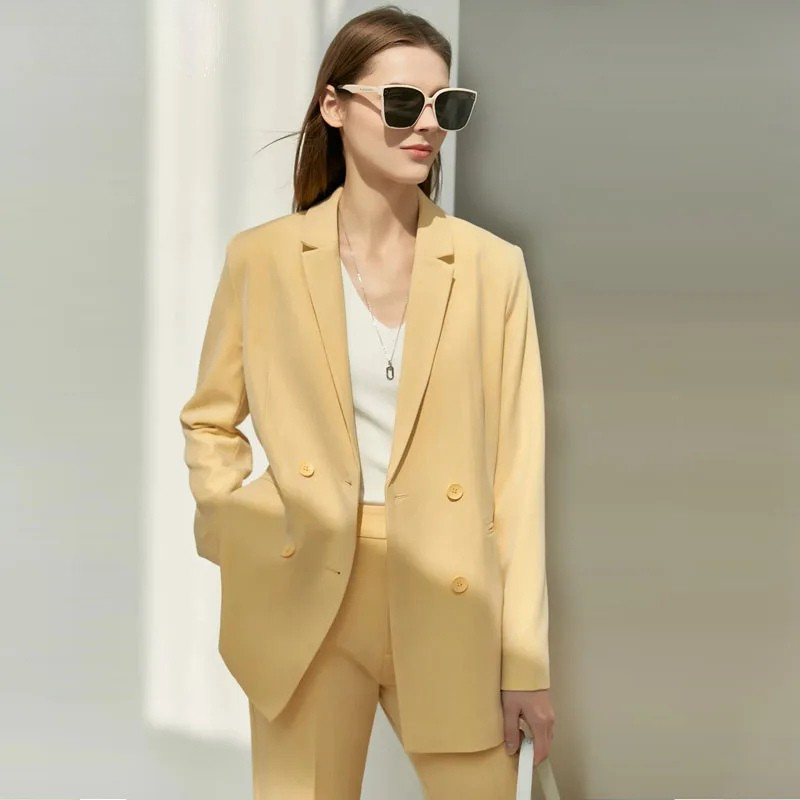 Minimalism Polyester Cotton Lady Blazer Jacket High Waist Pants Outfit-Wear To Work Sets-Arimonz-Yellow jacket-XS-Arimonz