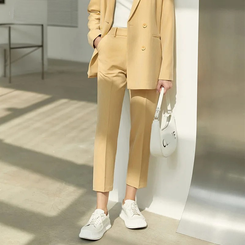 Minimalism Polyester Cotton Lady Blazer Jacket High Waist Pants Outfit-Wear To Work Sets-Arimonz-Yellow pants-XS-Arimonz